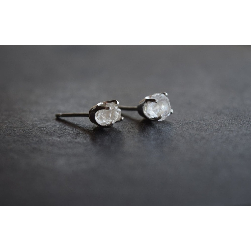 Sterling silver stud earrings, alternative diamond, uncut natural gemsto…
